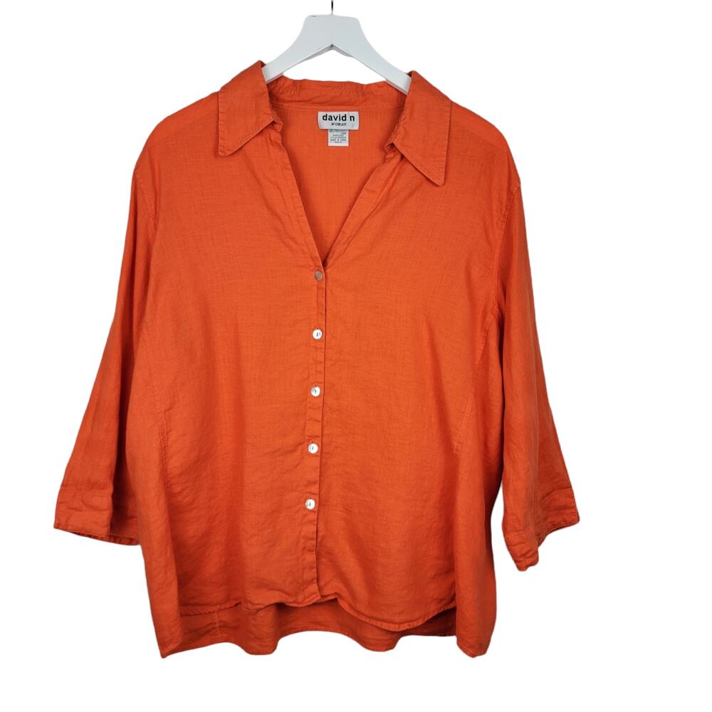 DAVID N. Woman 100% Linen Tangerine Orange V-neck Button Up Shirt - Size 1X